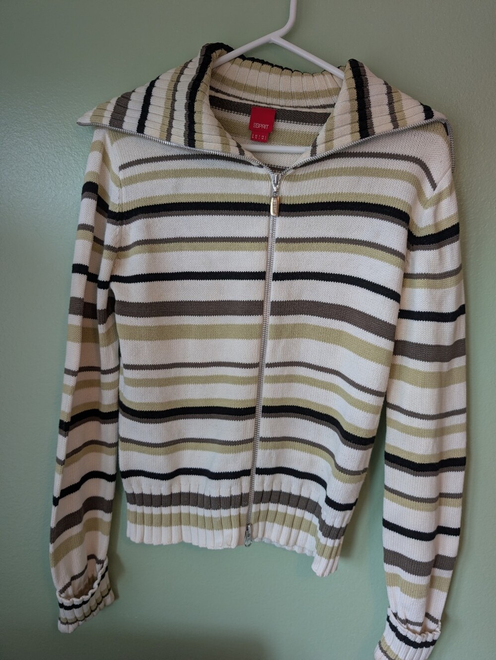 Esprit Women’s Striped Zip-Front Cardigan - Cream, Olive & Black